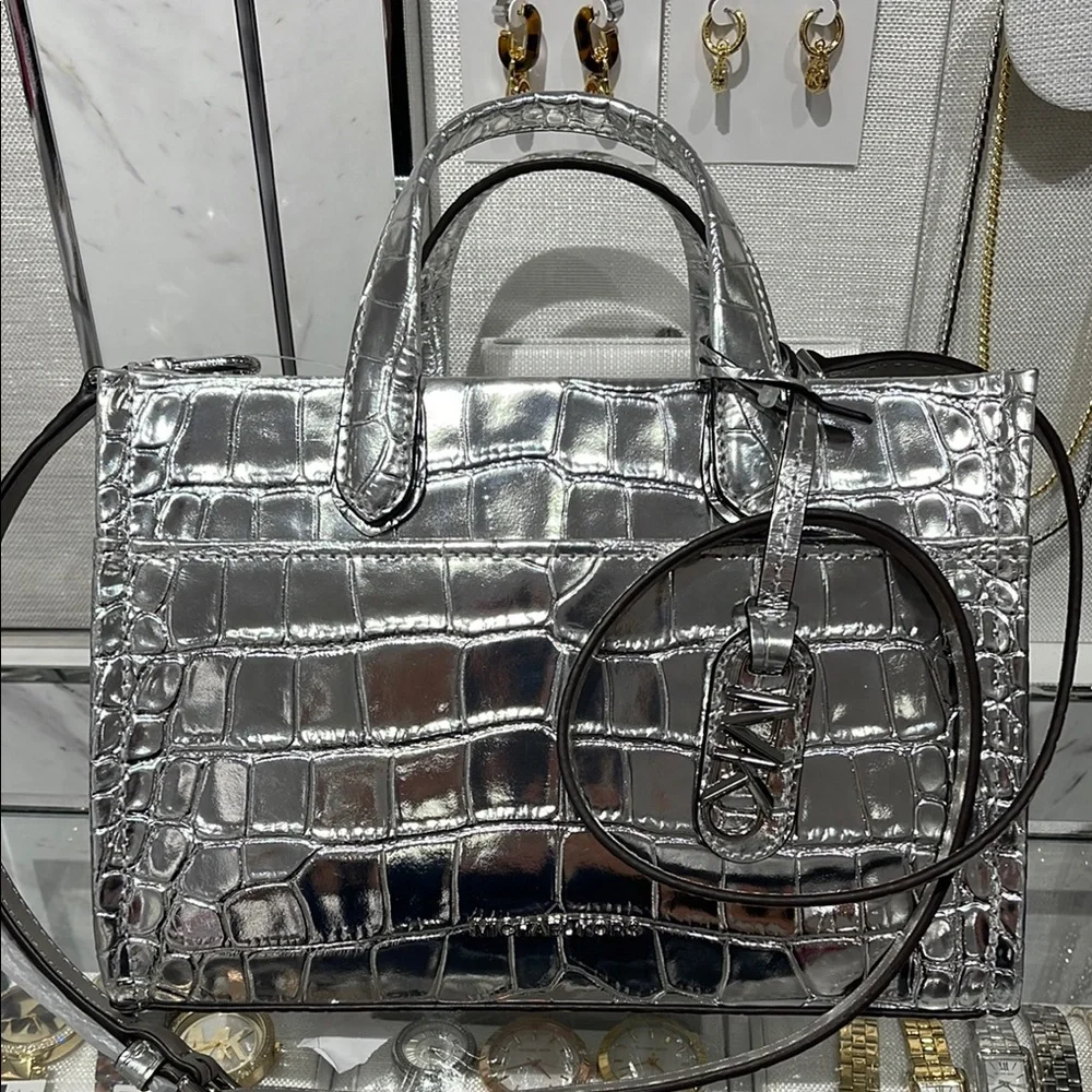 Michael Kors Gigi Small Metallic Crocodile Embossed Leather Messenger Bag Silver